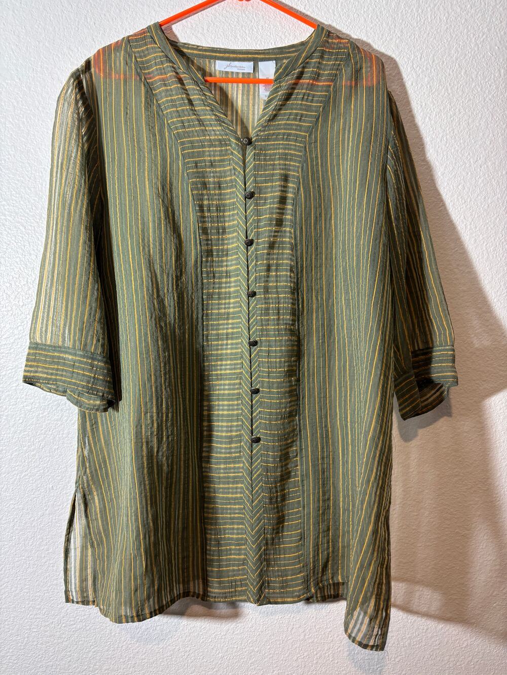 JH Collectibles Womens Size 2X Green Orange Striped Button-Up Sheer Layering Top